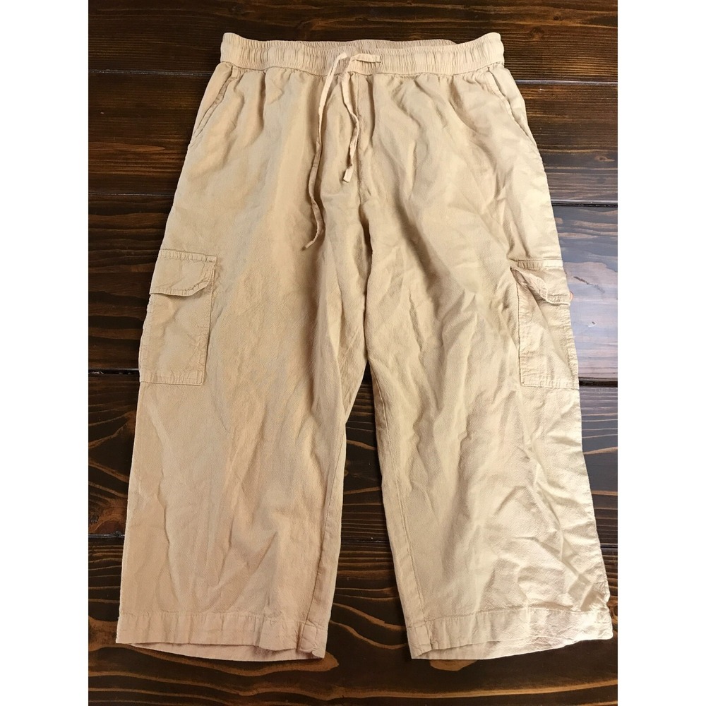 Collections Etc Pants Womens Size L Tan Cargo Capri Elastic waist Drawstring NWT